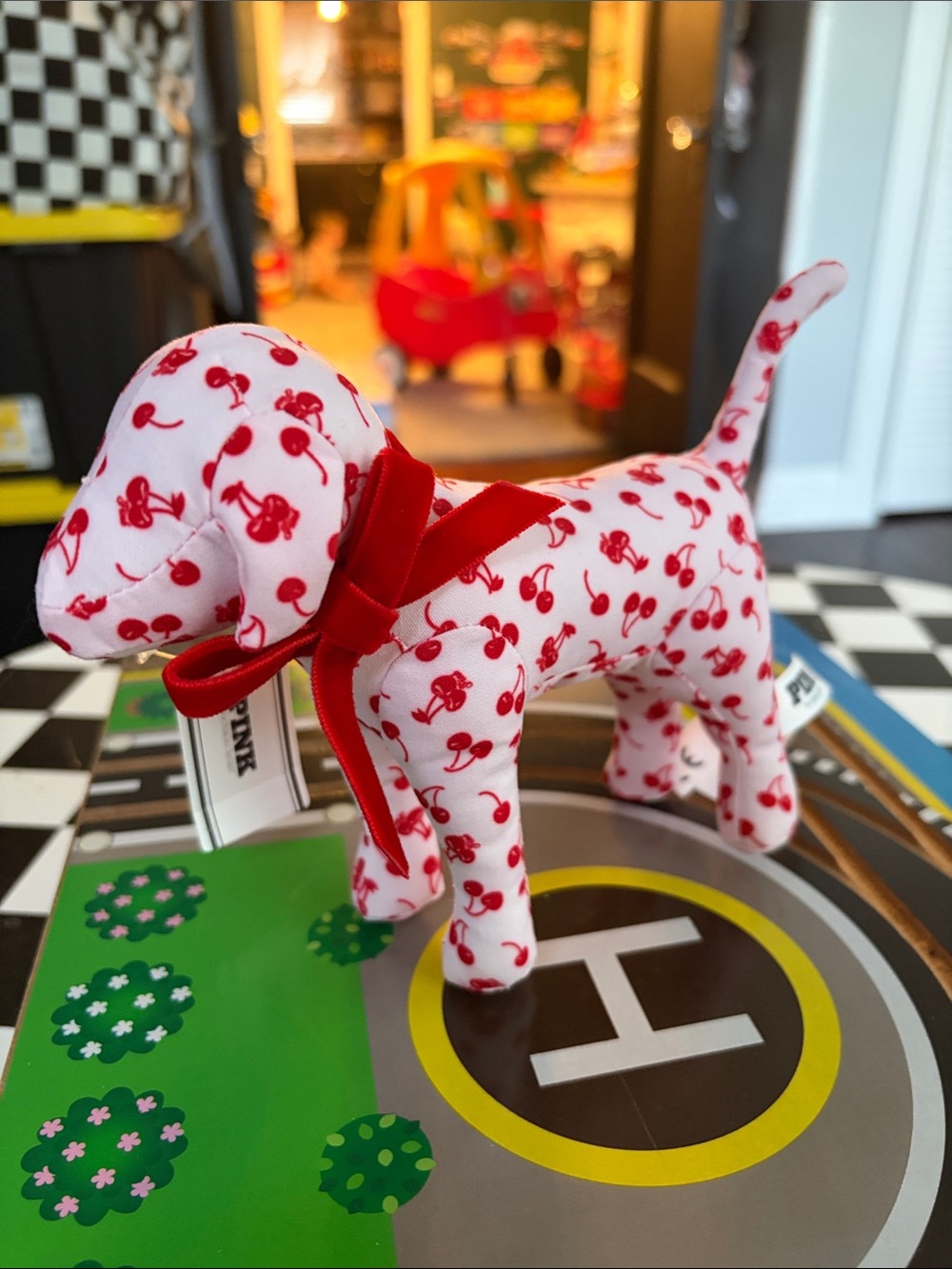 PINK Victoria's Secret White Plush Dog with Red Cherry Print and Red Bow